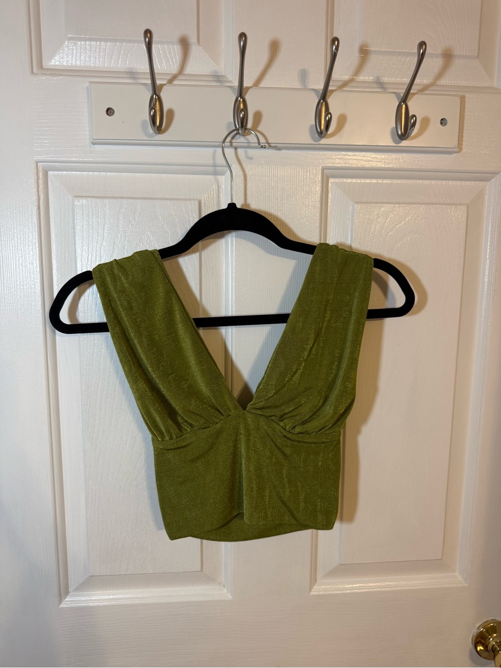 Olive Green Gathered V-Neck Crop Top